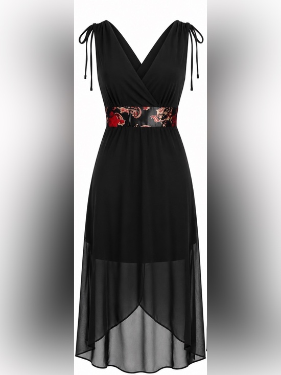 Ruby Rox Dresses & Skirts - Black High-Low Dress w/ Floral & Black Sash, Conched Shoulder Ties - Size Medium